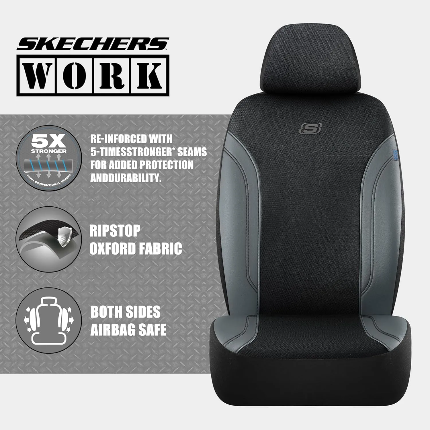 Skechers Work Car Seat Covers, Leather Seat Covers 5-Times Stronger Built-in Webbing, Oxford Fabric Seat Cover for Cars, Airbag Compatible, Automotive Comfort for Cars, Trucks, SUVs (Grey, Full Set)