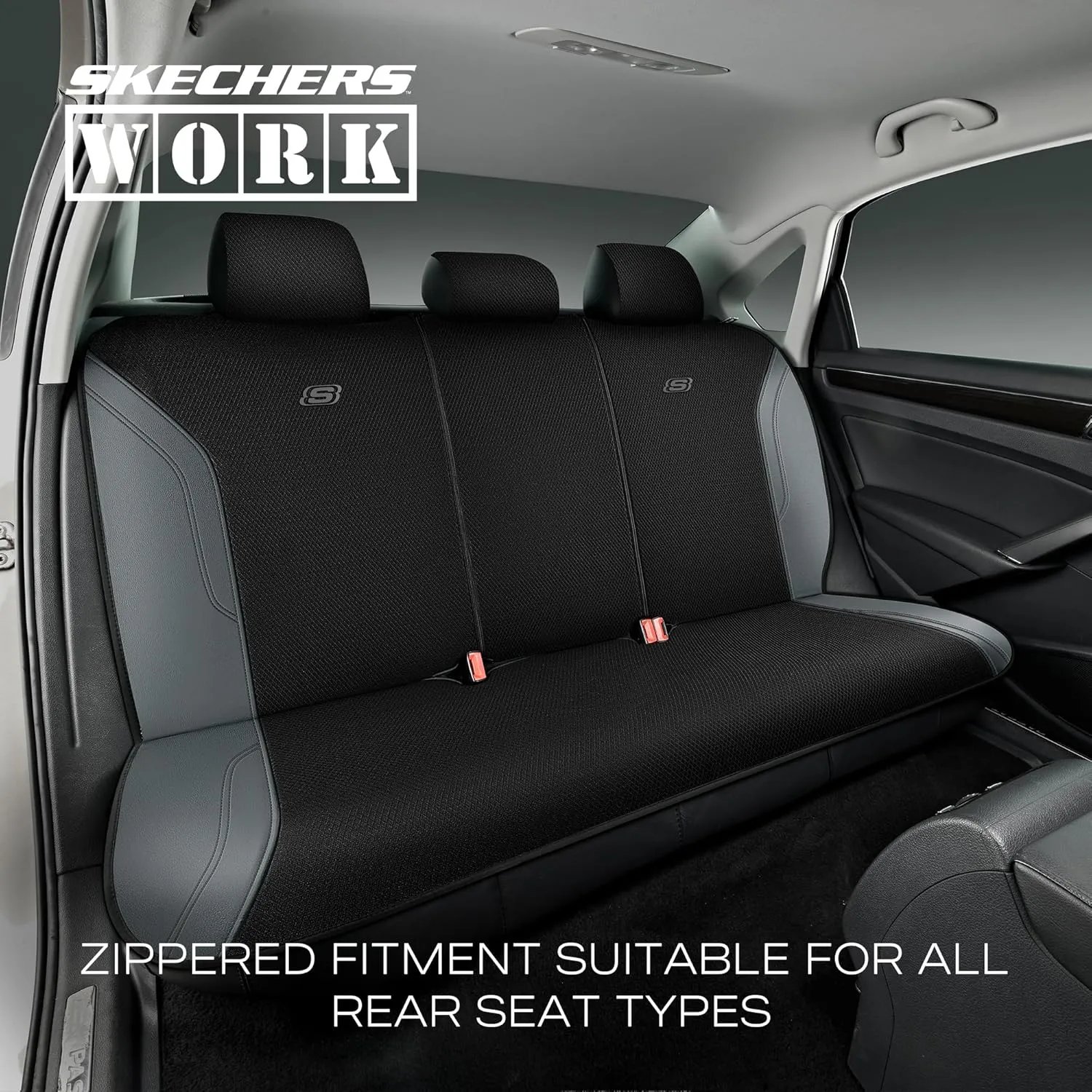 Skechers Work Car Seat Covers, Leather Seat Covers 5-Times Stronger Built-in Webbing, Oxford Fabric Seat Cover for Cars, Airbag Compatible, Automotive Comfort for Cars, Trucks, SUVs (Grey, Full Set)