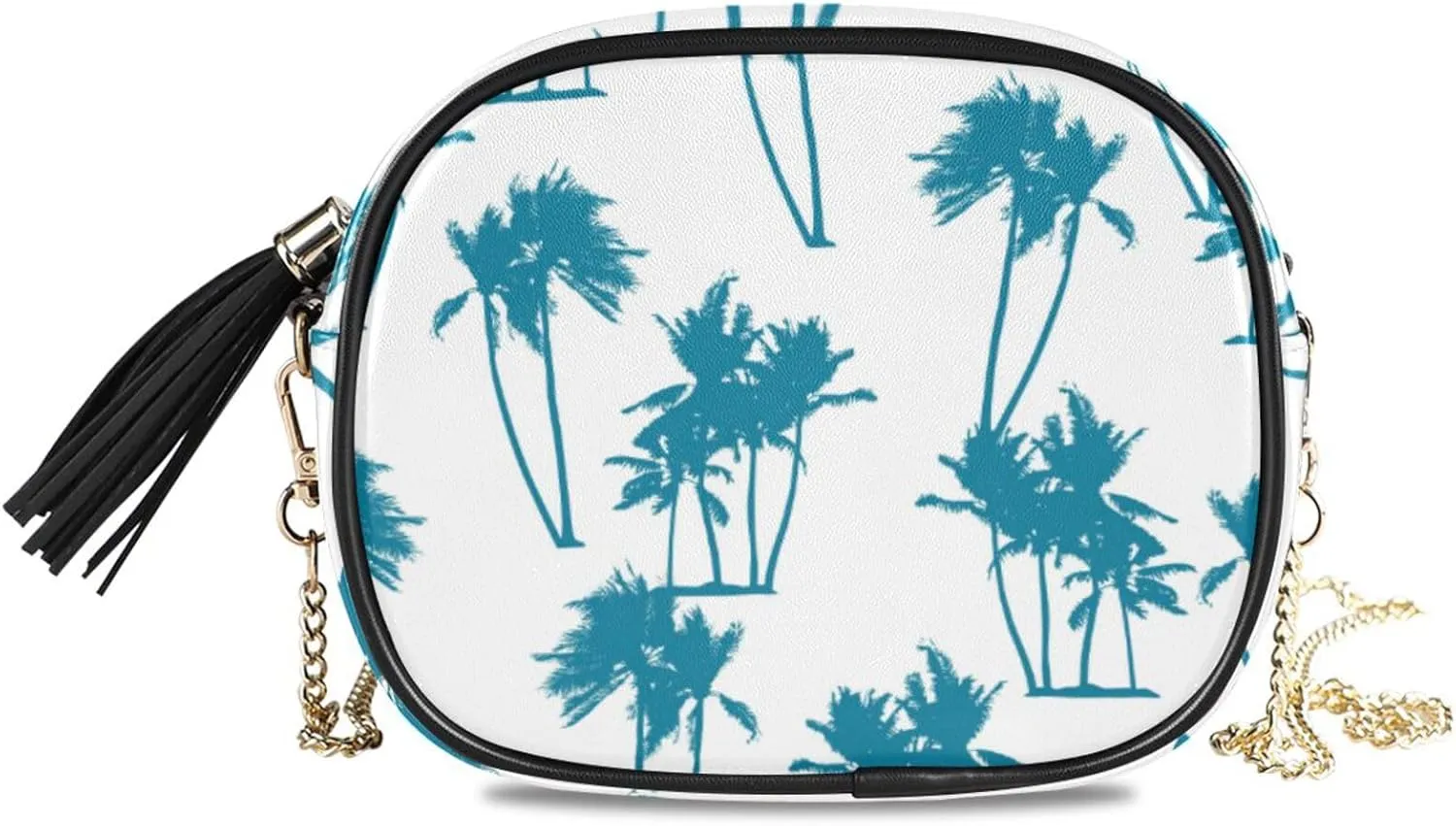 Small Crossbody Bag Exotic Blue Palm Trees Womens Shoulder Chain Bag PU Leather Small Purse With Tassel
