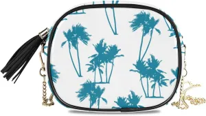 Small Crossbody Bag Exotic Blue Palm Trees Womens Shoulder Chain Bag PU Leather Small Purse With Tassel