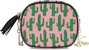 Small Crossbody Bag Tropical Exotic Cactus Womens Shoulder Chain Bag PU Leather Small Purse With Tassel
