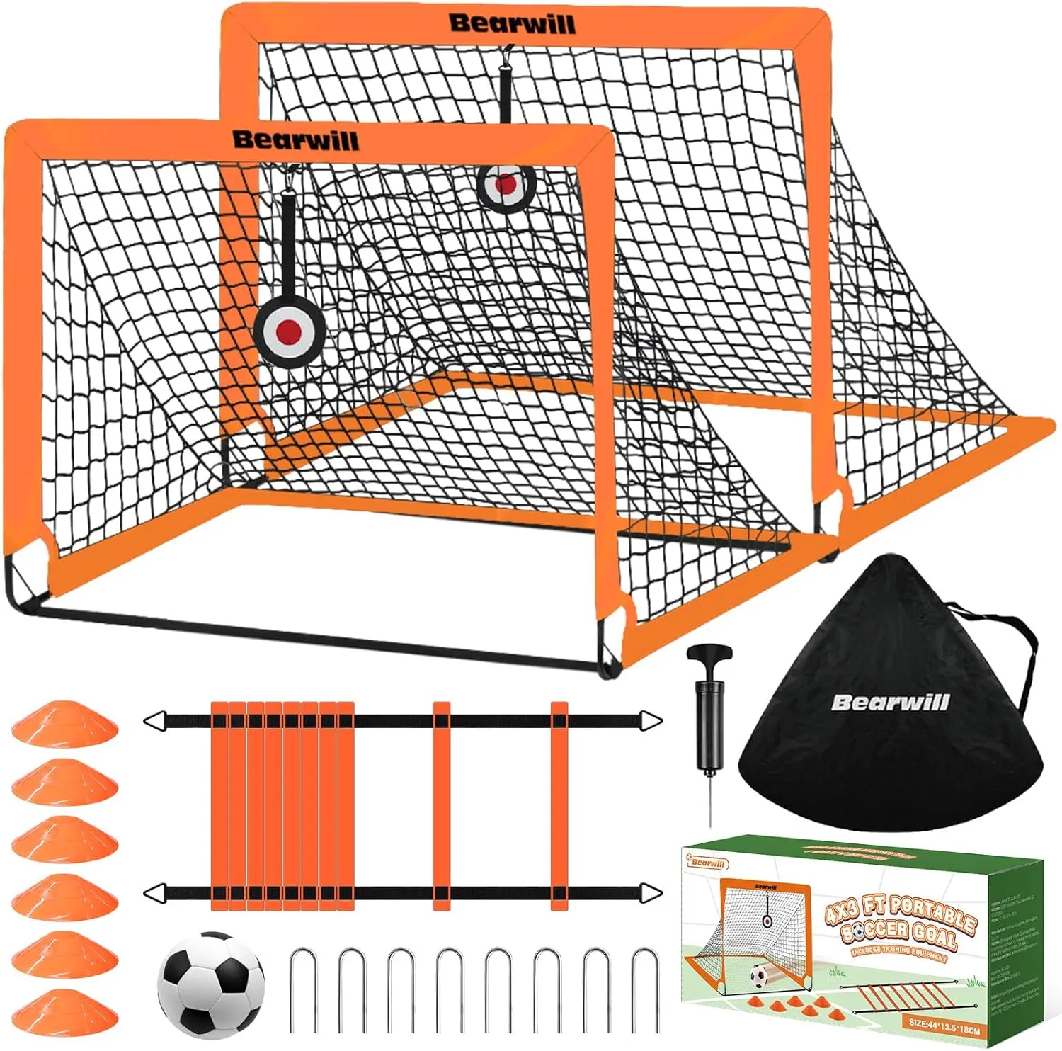 Soccer Goal, Kids Soccer Goals for Backyard Set of 2, 4x3ft Portable Soccer Goal Pop Up Soccer Net, Kids Soccer Net Training Equipment with Soccer Ball, Ladder, Cones, Targets