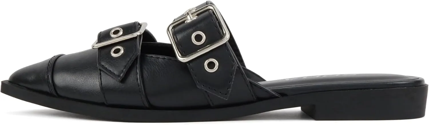 Soda Usual ~ Women Pointed Toe Slip-On Low Heel Mule with Buckle Straps