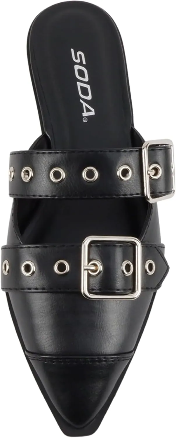 Soda Usual ~ Women Pointed Toe Slip-On Low Heel Mule with Buckle Straps