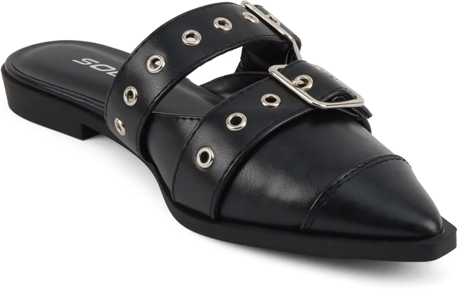 Soda Usual ~ Women Pointed Toe Slip-On Low Heel Mule with Buckle Straps
