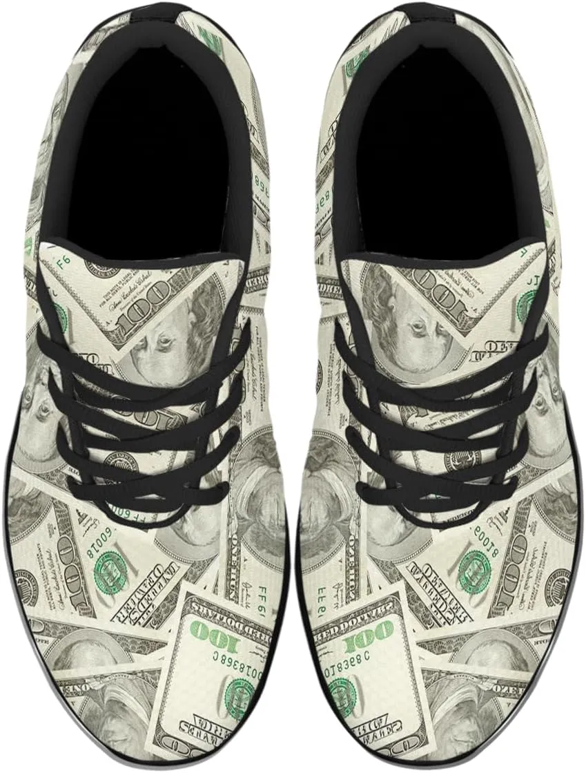 Sonzj-II Money Pattern Fashion Ultra Lightweight Running Sneakers Men Women 100 Dollar Bill Print Walking Tennis Shoes