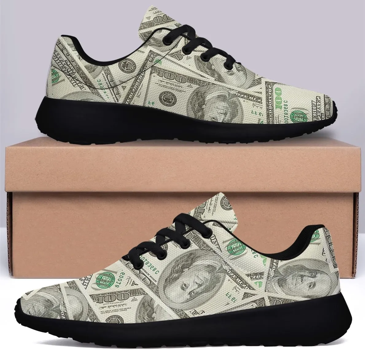 Sonzj-II Money Pattern Fashion Ultra Lightweight Running Sneakers Men Women 100 Dollar Bill Print Walking Tennis Shoes