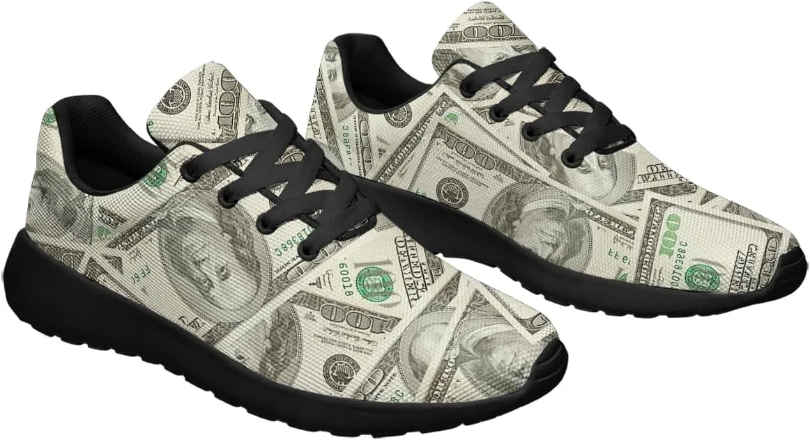 Sonzj-II Money Pattern Fashion Ultra Lightweight Running Sneakers Men Women 100 Dollar Bill Print Walking Tennis Shoes