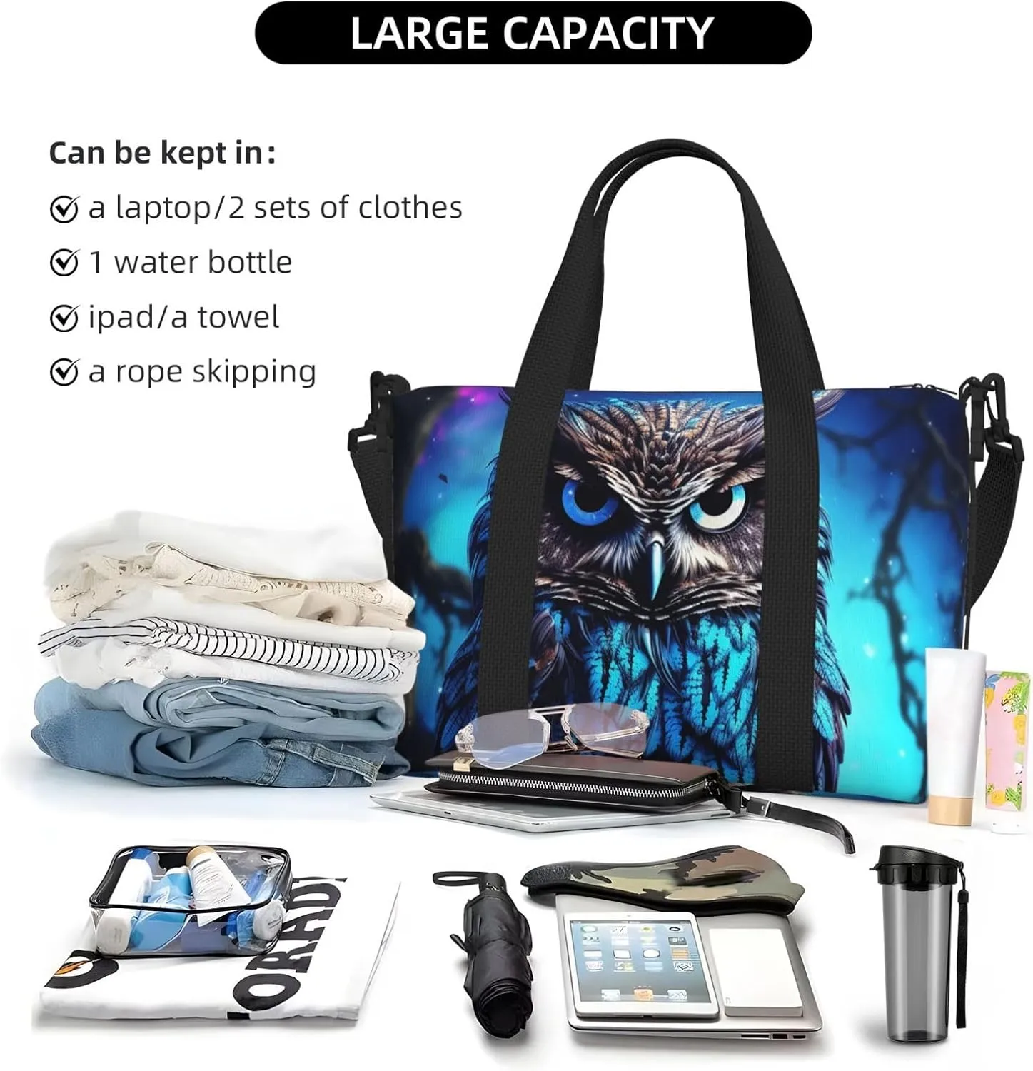 Sports Gym Bag for Women Men Travel Duffel Bag Tote Blue Owl Weekender Bag Canvas Carry on Overnight Bag for Travel Swimming Fitness Workout Sports Duffle Bag