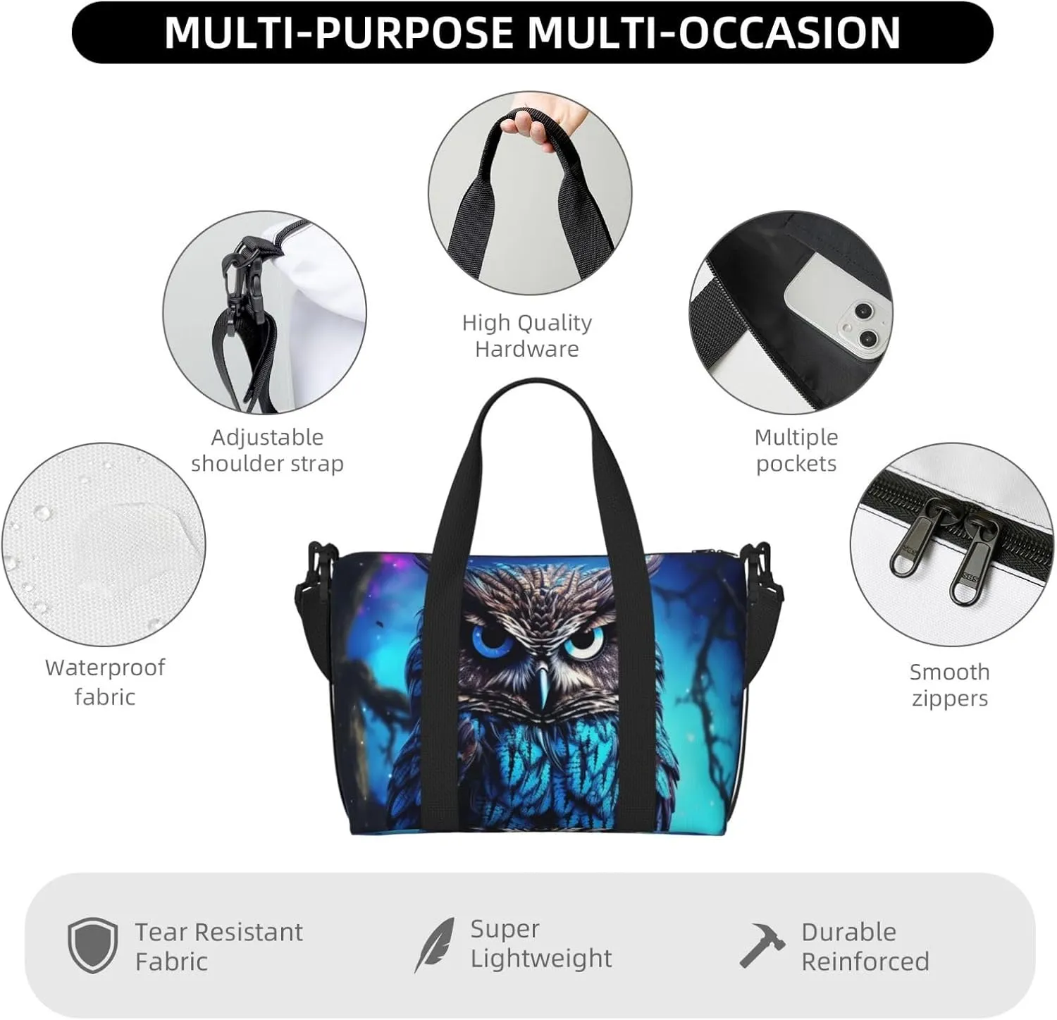 Sports Gym Bag for Women Men Travel Duffel Bag Tote Blue Owl Weekender Bag Canvas Carry on Overnight Bag for Travel Swimming Fitness Workout Sports Duffle Bag