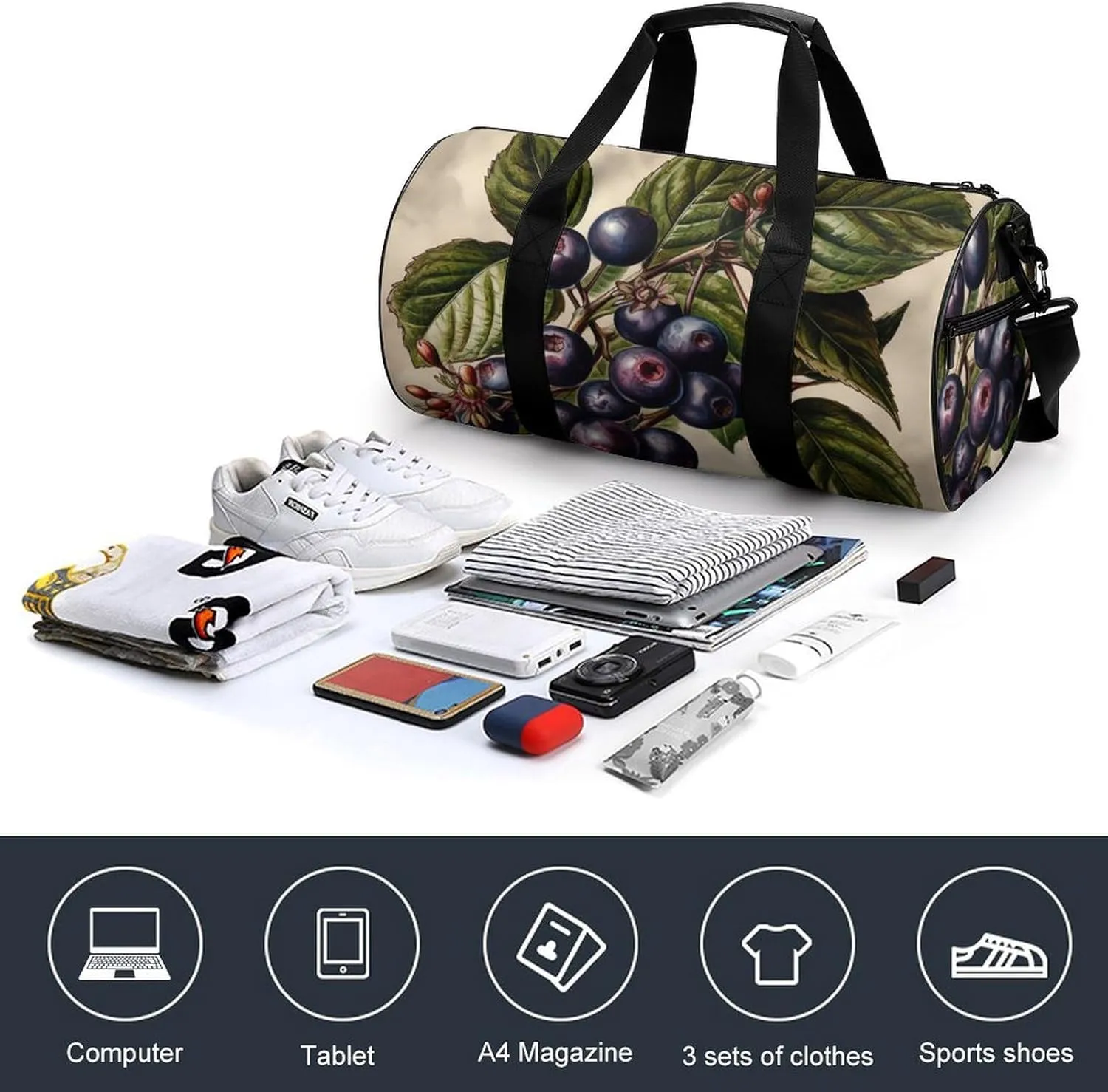 Sports Gym Bag for Women Men Travel Duffel Bag Tote Weekender Bag Purple Berries Carry on Overnight Bag for Travel Swimming Fitness Workout Sports Duffle Bag