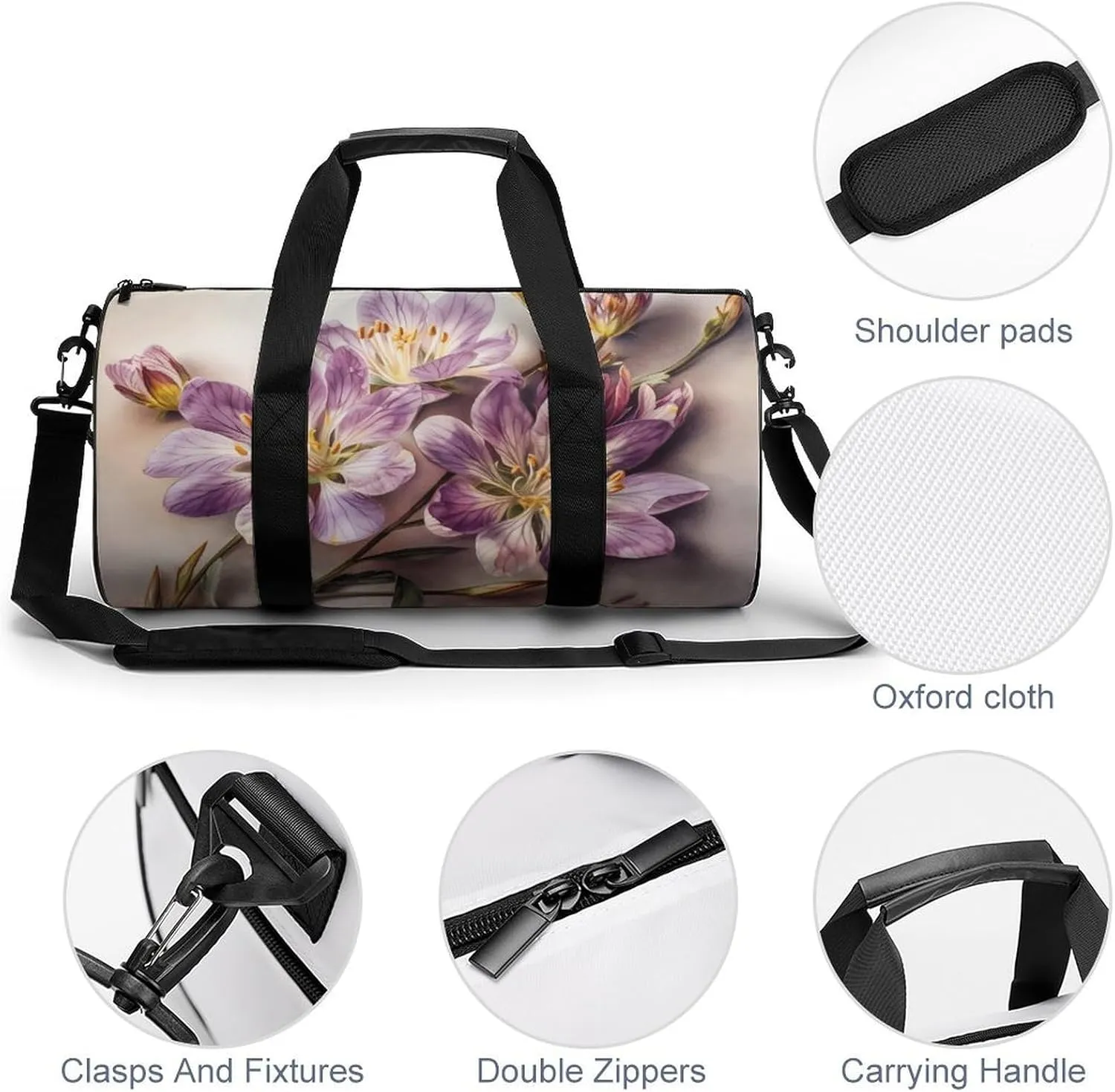 Sports Gym Bag for Women Men Travel Duffel Bag Tote Weekender Bag Purple Flowers Carry on Overnight Bag for Travel Swimming Fitness Workout Sports Duffle Bag