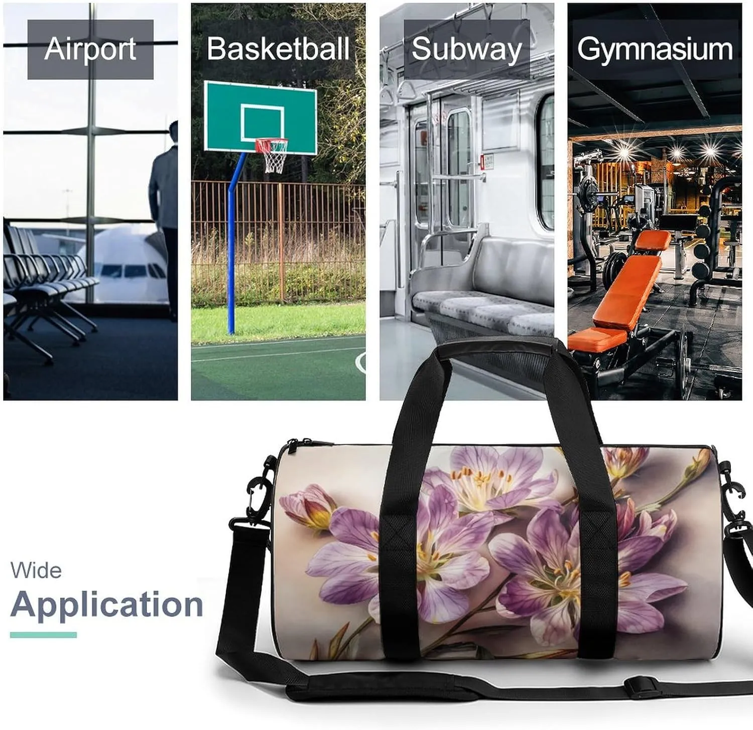 Sports Gym Bag for Women Men Travel Duffel Bag Tote Weekender Bag Purple Flowers Carry on Overnight Bag for Travel Swimming Fitness Workout Sports Duffle Bag