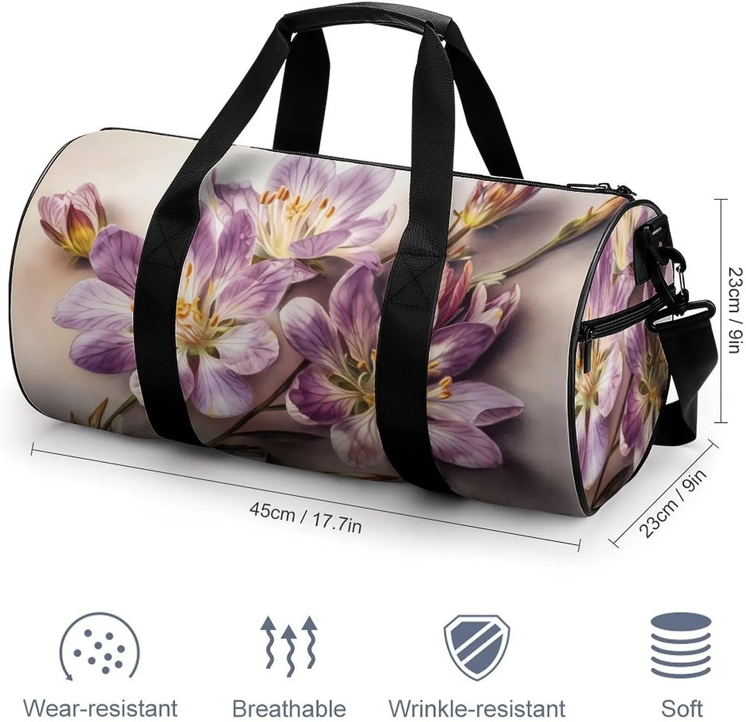 Sports Gym Bag for Women Men Travel Duffel Bag Tote Weekender Bag Purple Flowers Carry on Overnight Bag for Travel Swimming Fitness Workout Sports Duffle Bag
