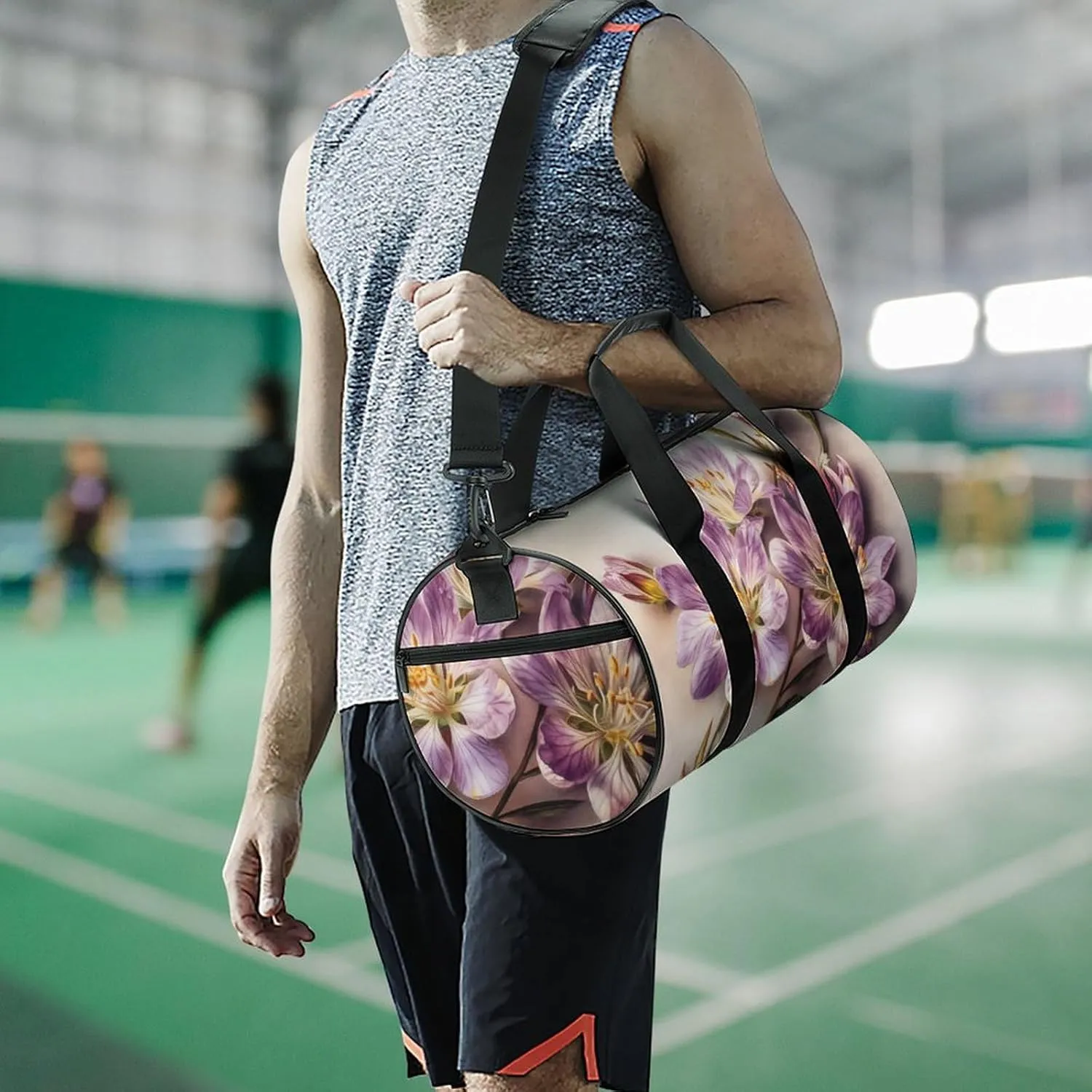Sports Gym Bag for Women Men Travel Duffel Bag Tote Weekender Bag Purple Flowers Carry on Overnight Bag for Travel Swimming Fitness Workout Sports Duffle Bag