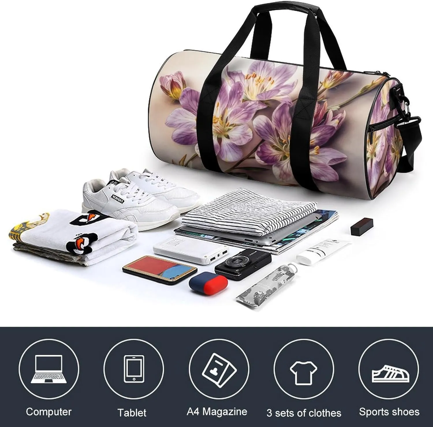 Sports Gym Bag for Women Men Travel Duffel Bag Tote Weekender Bag Purple Flowers Carry on Overnight Bag for Travel Swimming Fitness Workout Sports Duffle Bag