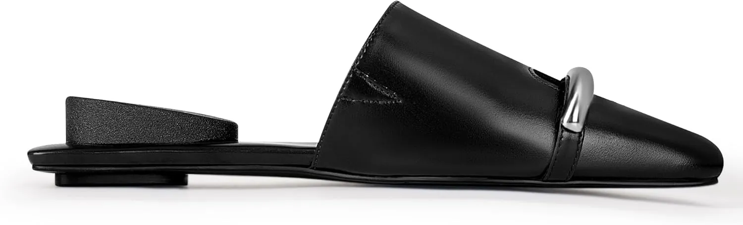 Square Toe Mule Sandals for Women Slip On Kitten Heels with Inverted Heel Cushioned Footbed Toe Ring Clog Slides Low Heel Faux Leather