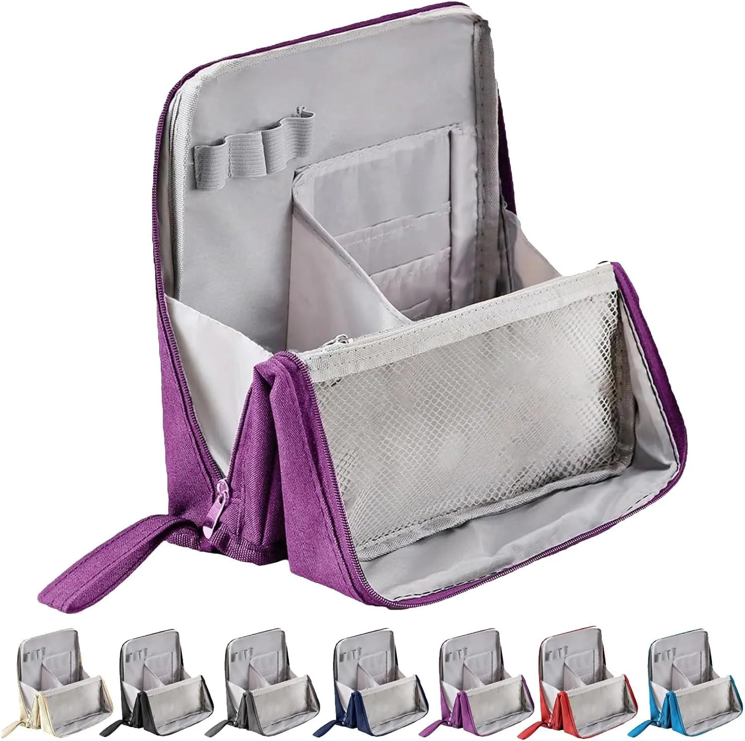 Standing Makeup Bag, 2025 Upgraded Portable Large Capacity Standing Makeup Bag with Compartments, Travel Make-up Organizer with Room for Brushes and Mirrors (Purple)