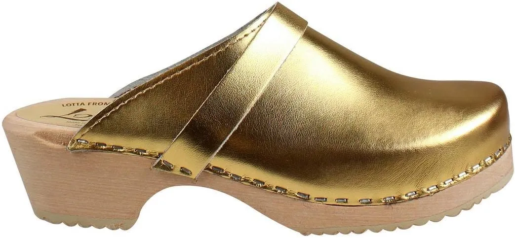 Swedish Classic Clog Mule for Women | Low Heel Slip-on Wooden Clogs Handmade in Sweden | Supportive Alder Wood Base and PU Coated Leather | Gold