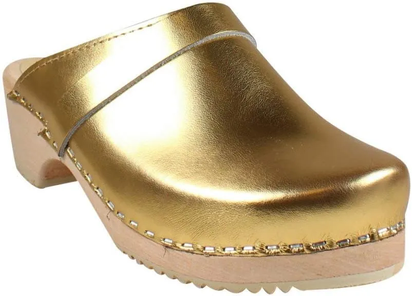 Swedish Classic Clog Mule for Women | Low Heel Slip-on Wooden Clogs Handmade in Sweden | Supportive Alder Wood Base and PU Coated Leather | Gold