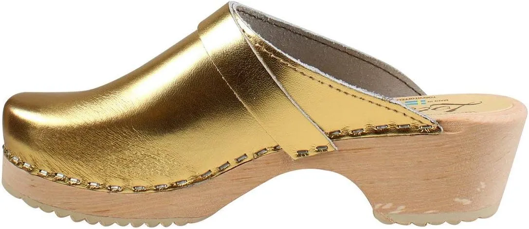 Swedish Classic Clog Mule for Women | Low Heel Slip-on Wooden Clogs Handmade in Sweden | Supportive Alder Wood Base and PU Coated Leather | Gold