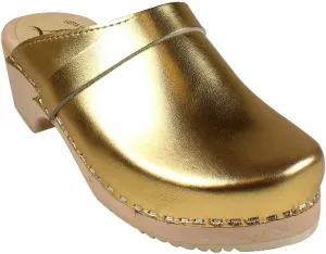 Swedish Classic Clog Mule for Women | Low Heel Slip-on Wooden Clogs Handmade in Sweden | Supportive Alder Wood Base and PU Coated Leather | Gold