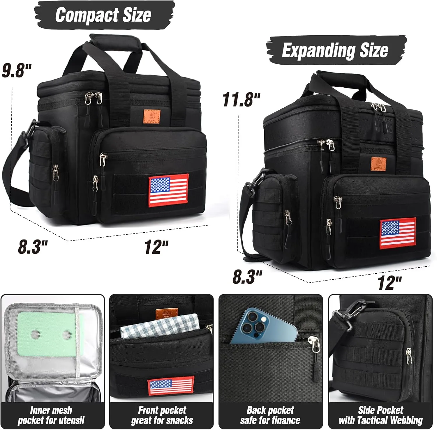 Tactical Lunch Box for Men, Expandable Heavy Duty Double Deck Tactical Lunch Bag with Shoulder Strap, Leakproof & Insulated Lunch Cooler Bag for Adult Work Fishing Picnic Travel,20L (Black)
