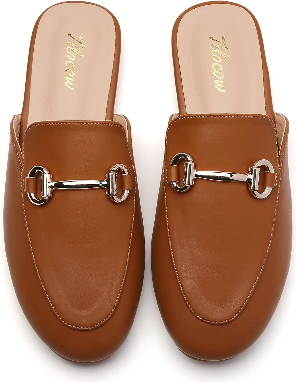Tilocow Buckle Mules for Women Round Toe Backless Flat Mules Comfortable Slides Mules Shoes Ladies Slip-on Loafers