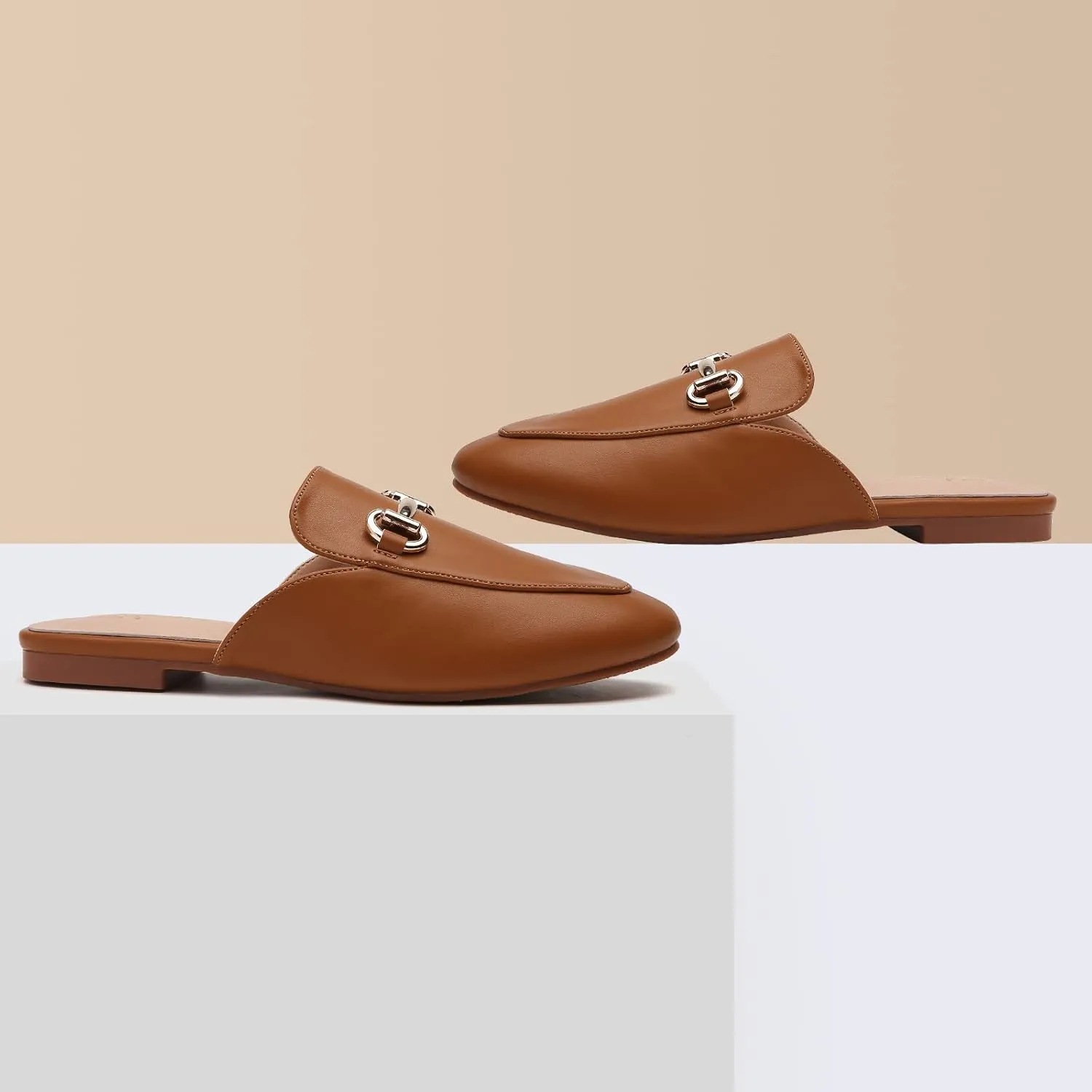 Tilocow Buckle Mules for Women Round Toe Backless Flat Mules Comfortable Slides Mules Shoes Ladies Slip-on Loafers