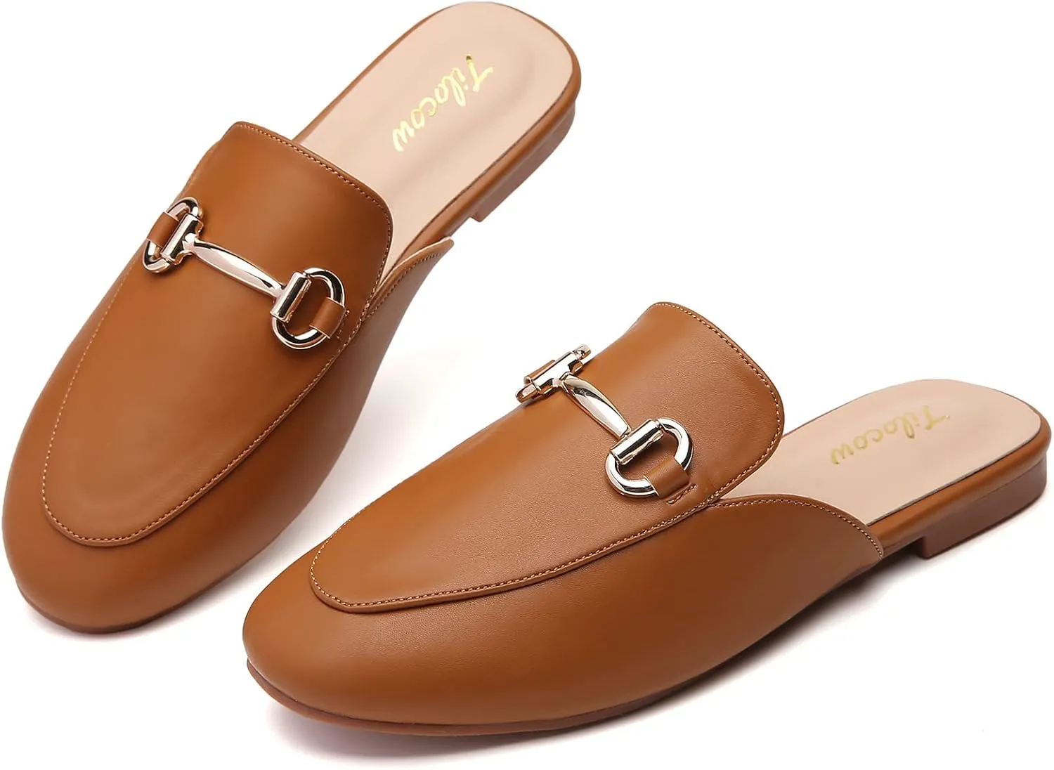 Tilocow Buckle Mules for Women Round Toe Backless Flat Mules Comfortable Slides Mules Shoes Ladies Slip-on Loafers