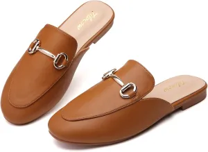 Tilocow Buckle Mules for Women Round Toe Backless Flat Mules Comfortable Slides Mules Shoes Ladies Slip-on Loafers