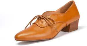 TinaCus Women's Genuine Leather Handmade Round Toe Lace Up Low Stacked Heel Oxford Shoes