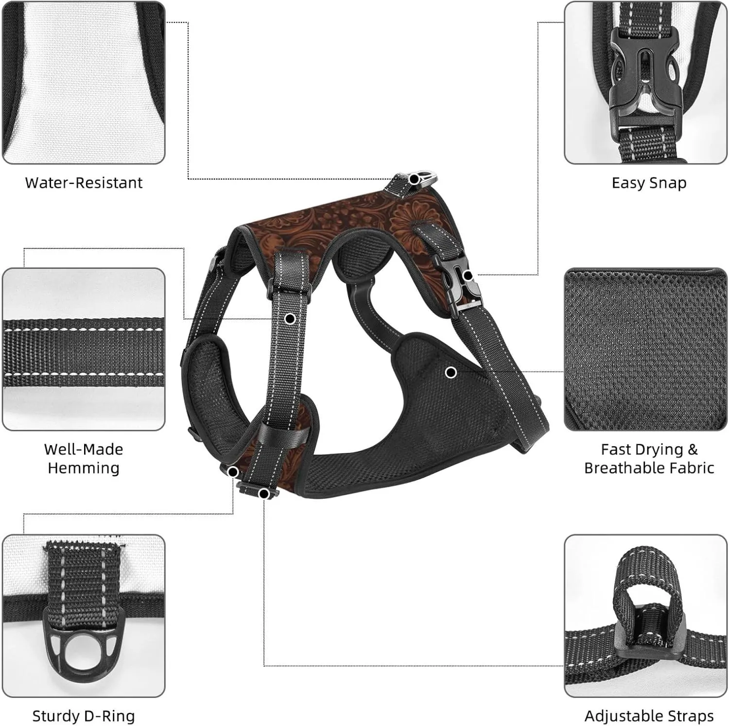 Tooled Leather Country Western Turquoise Dog Vest, Adjustable Soft Padded Dog Vest for Large, Medium and Small Pet Dogs,No Tension Traction Harnesses