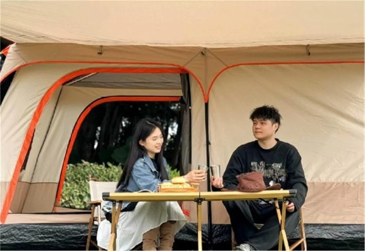 Two-Bedroom and One-Living Room Large Tent Outdoor Folding Portable Camping Thick Double-Layer Rainproof and Windproof Camping