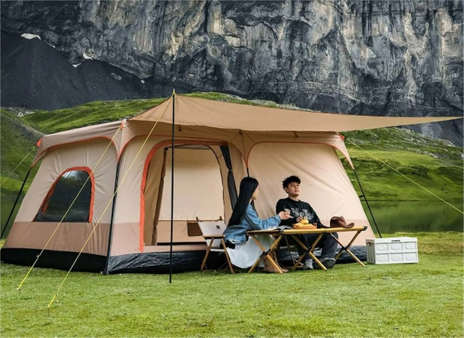 Two-Bedroom and One-Living Room Large Tent Outdoor Folding Portable Camping Thick Double-Layer Rainproof and Windproof Camping