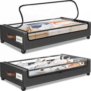 Under Bed Storage with Wheels 2Pack Storage Containers with Clear Window&Label Under Bed Drawers Rolling Under Bed Storage for Clothes,Shoes, Blankets (30.71 x 16.93 x 6.69 in, Dark Grey)