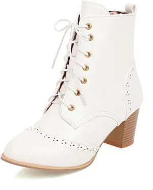 VOKLIN Women's Chunky Block Mid Heel Dressy Ankle Boots Round Toe Lace Up Western Oxford Dress Short Booties