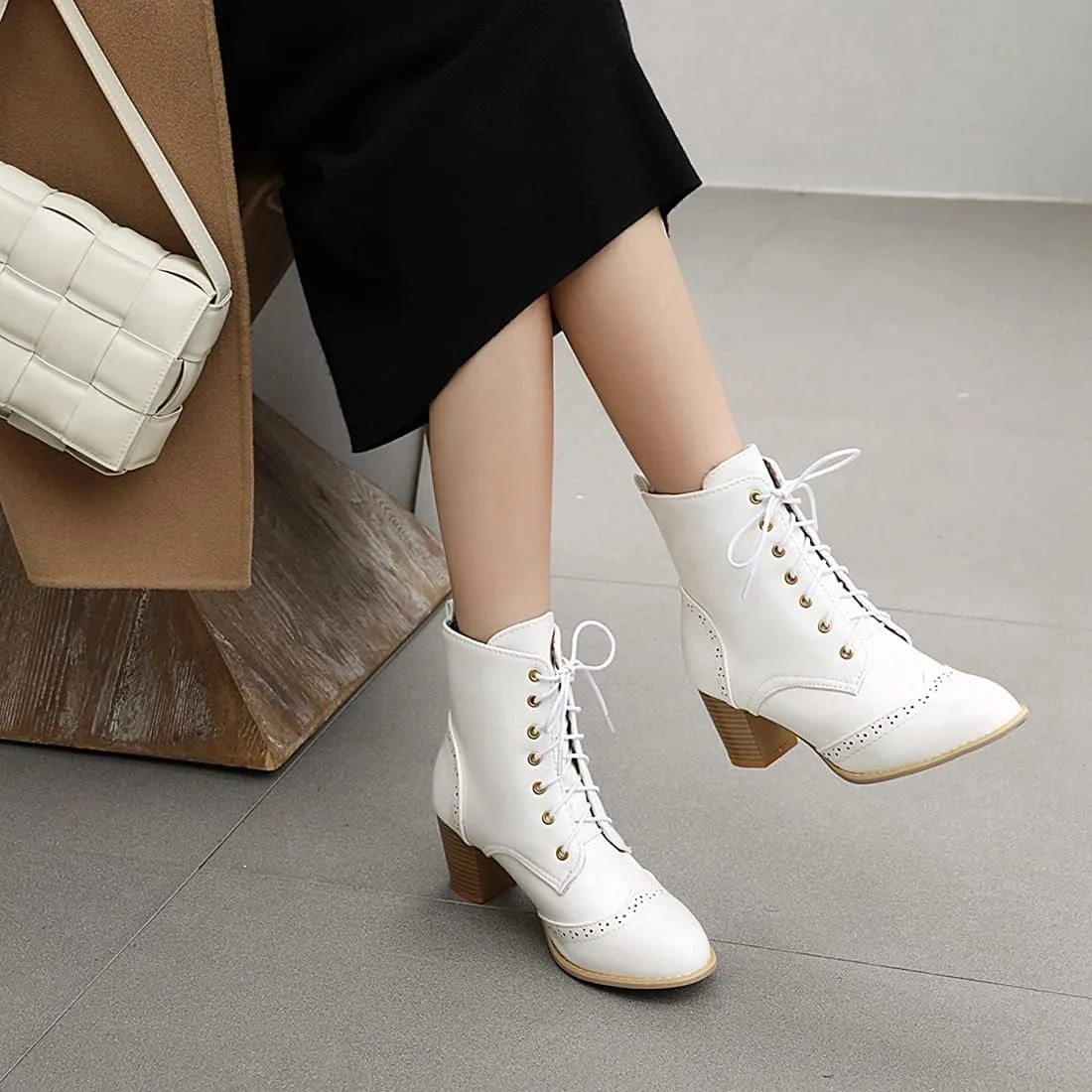 VOKLIN Women's Chunky Block Mid Heel Dressy Ankle Boots Round Toe Lace Up Western Oxford Dress Short Booties