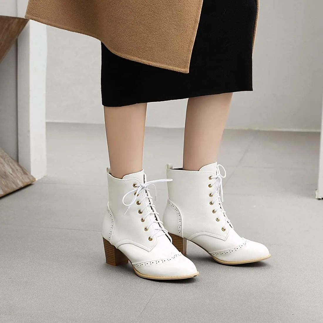 VOKLIN Women's Chunky Block Mid Heel Dressy Ankle Boots Round Toe Lace Up Western Oxford Dress Short Booties
