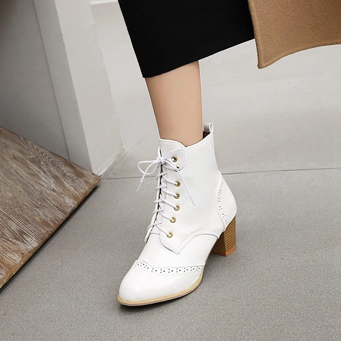 VOKLIN Women's Chunky Block Mid Heel Dressy Ankle Boots Round Toe Lace Up Western Oxford Dress Short Booties