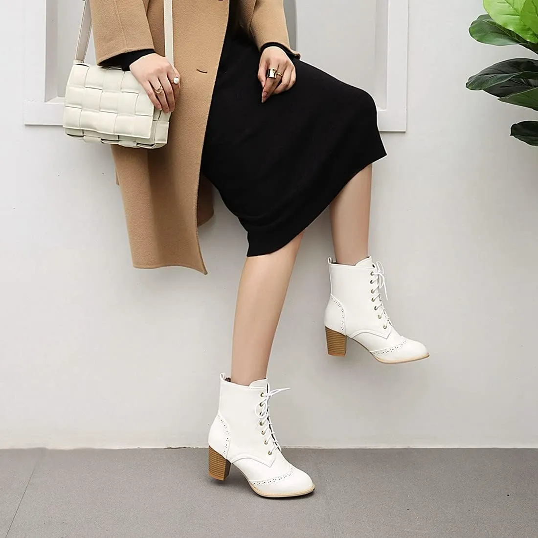 VOKLIN Women's Chunky Block Mid Heel Dressy Ankle Boots Round Toe Lace Up Western Oxford Dress Short Booties