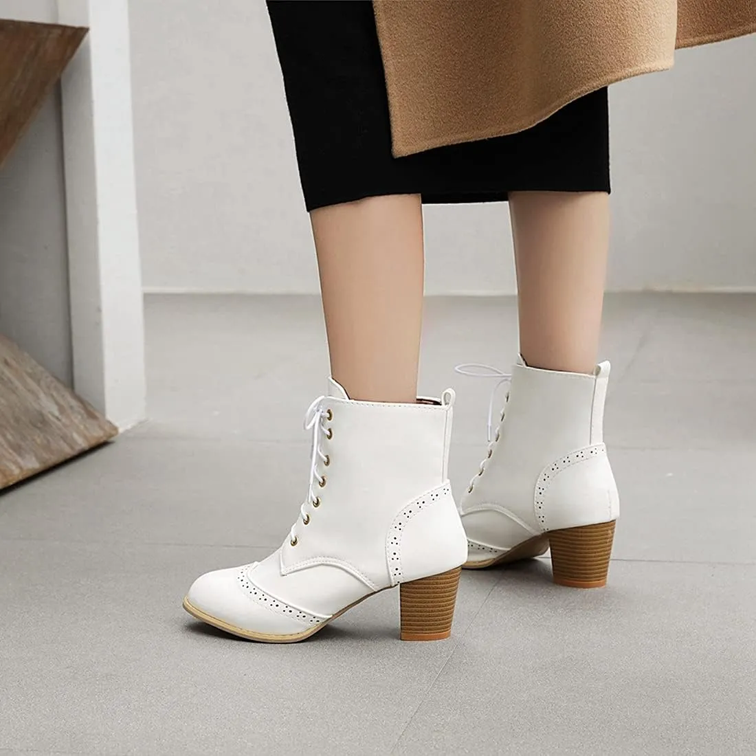 VOKLIN Women's Chunky Block Mid Heel Dressy Ankle Boots Round Toe Lace Up Western Oxford Dress Short Booties