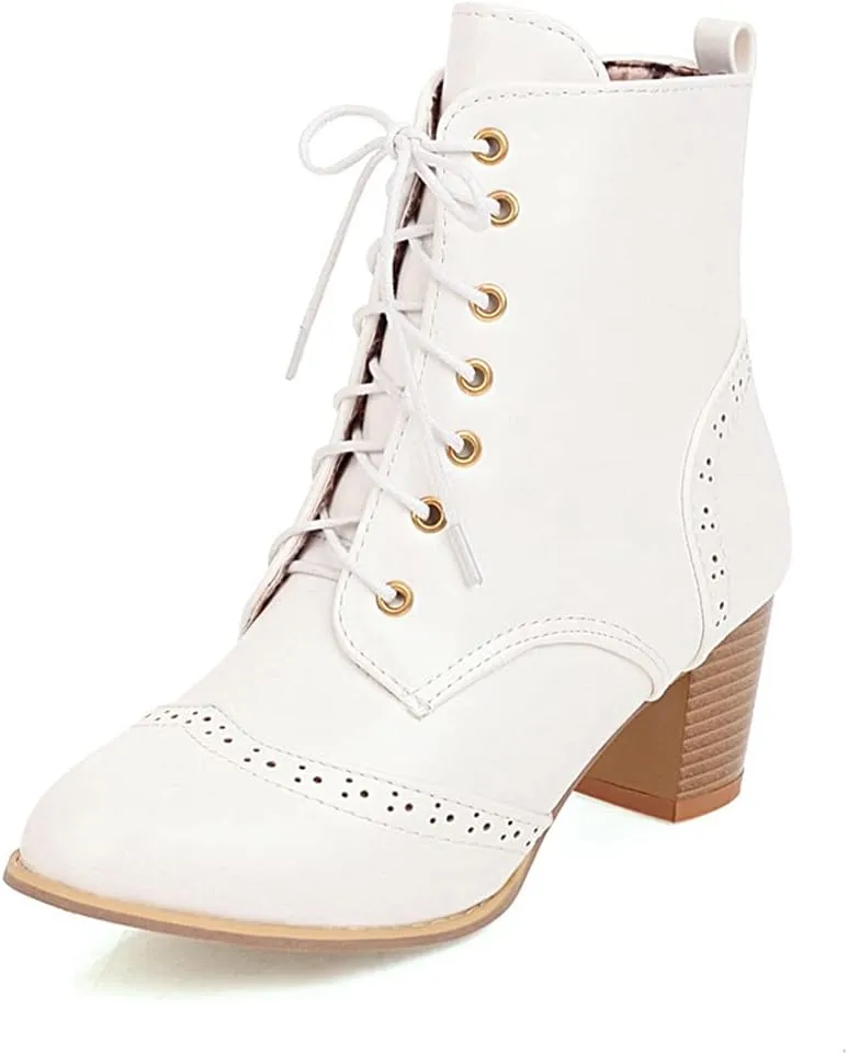 VOKLIN Women's Chunky Block Mid Heel Dressy Ankle Boots Round Toe Lace Up Western Oxford Dress Short Booties