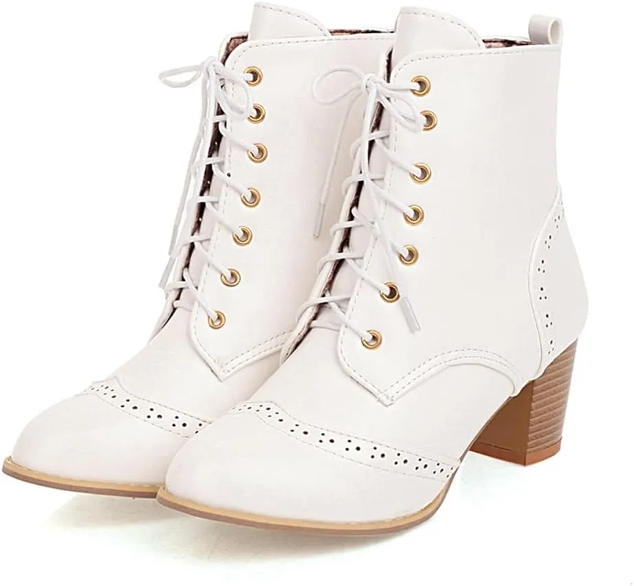VOKLIN Women's Chunky Block Mid Heel Dressy Ankle Boots Round Toe Lace Up Western Oxford Dress Short Booties