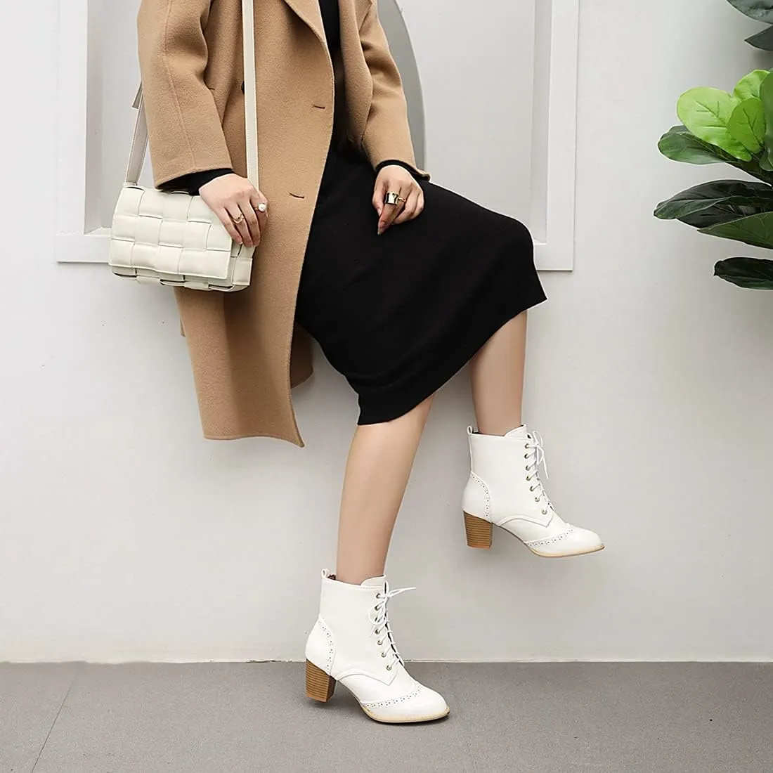 VOKLIN Women's Chunky Block Mid Heel Dressy Ankle Boots Round Toe Lace Up Western Oxford Dress Short Booties
