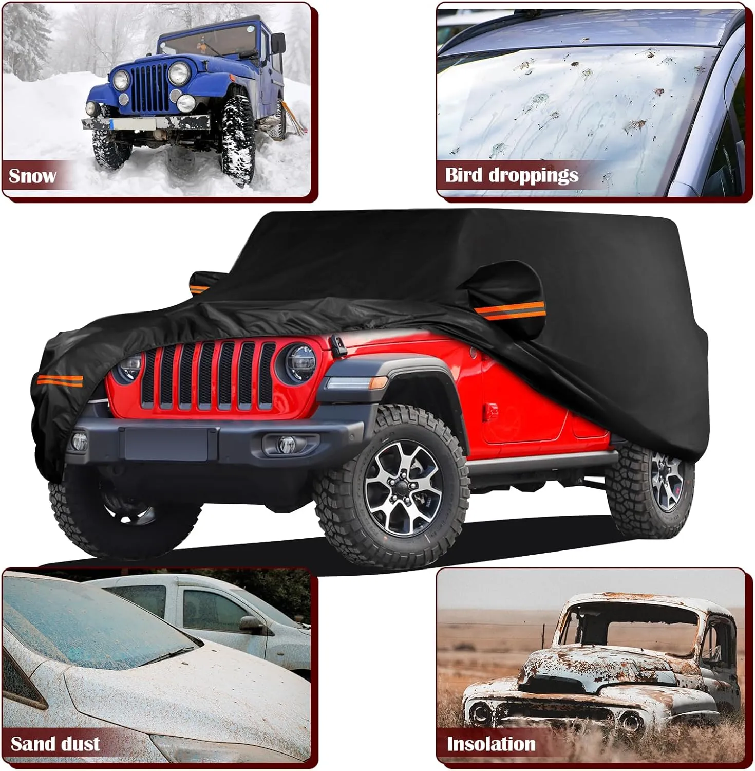 Waterproof Car Cover for Jeep Wrangler 4 Door 2006-2025 JK JL Outdoor Waterproof Sun Rain Snow Hail Protection with Driver Door Zipper