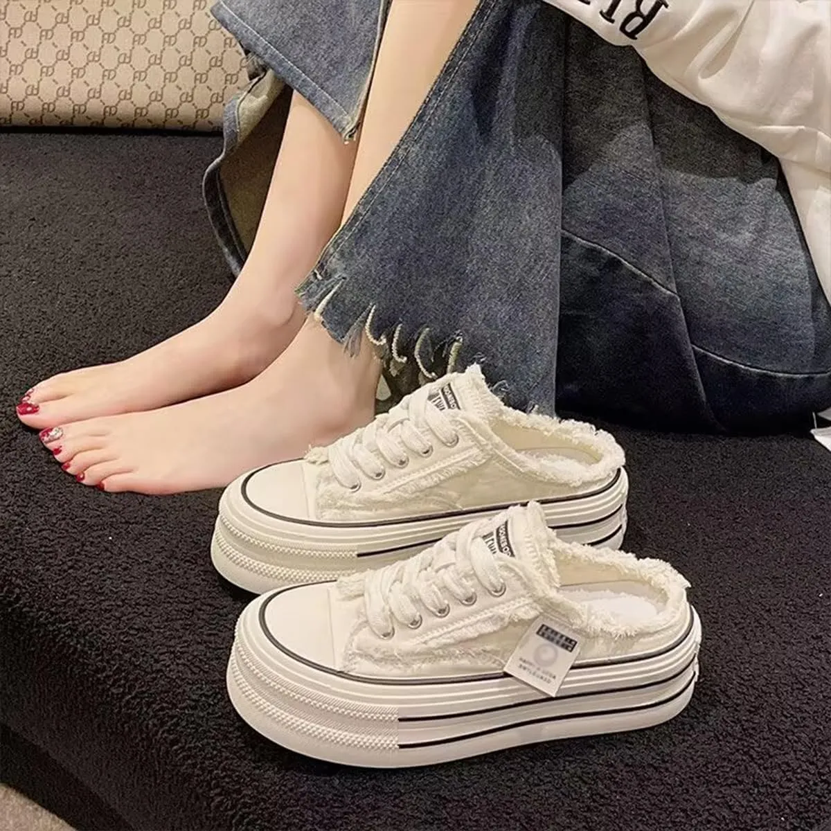 Women's Canvas Mule Sneakers Slip on Platform Shoes Comfortable Breathable Casual Indoor Outdoor