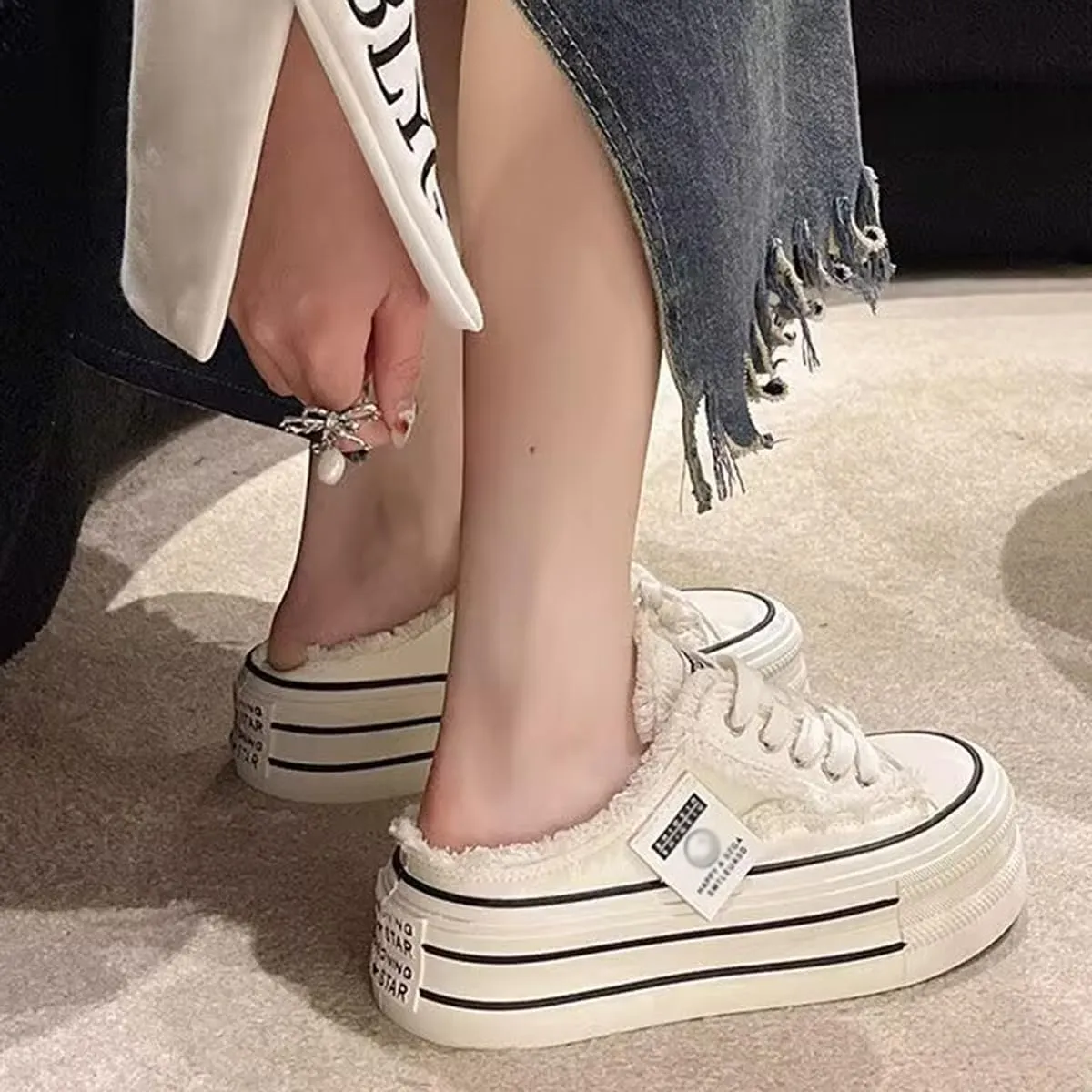 Women's Canvas Mule Sneakers Slip on Platform Shoes Comfortable Breathable Casual Indoor Outdoor