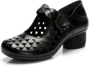 Women's Leather Hollow Chunky Heel Mary Janes Casual Round Toe Hook and Loop Soft Non-Slip Dress Pumps Comfort Flower Evening Dating Sandals