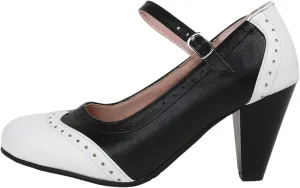 Women's Mary Jane Oxford Two Tone Pumps Vintage Round Closed with Ankle Strap Cute Low Kitten Heels Classic Cut-Out Tango Party Office Lady Pumps Dress Shoe